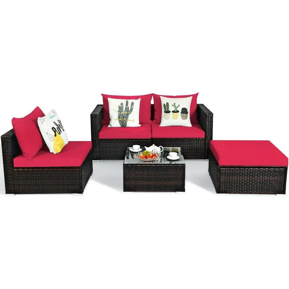 

5-Piece Outdoor Rattan Sectional Sofa Set with Coffee Table and Cushions for Patio, Lawn, or Porch
