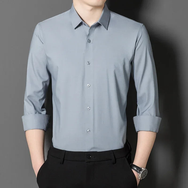Higth quality silk long sleeve shirts for men slim fit formal shirt elastic anti-wrikle white soft black office designer clothes