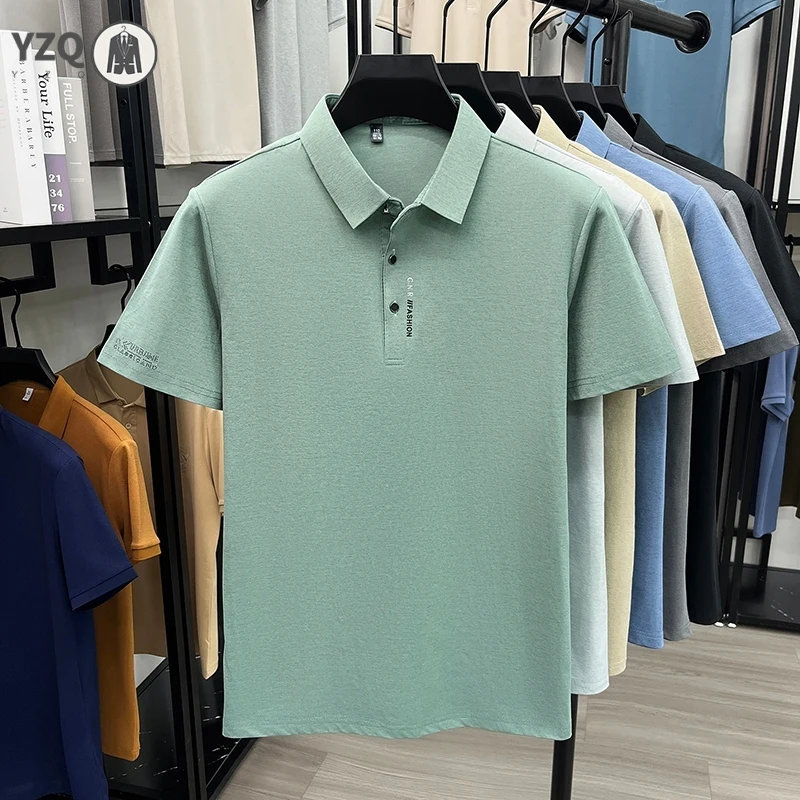 Office casual short sleeve polo t shirt for men solid melange lapel cuff letter detail wrinkle free lightweight commute wear