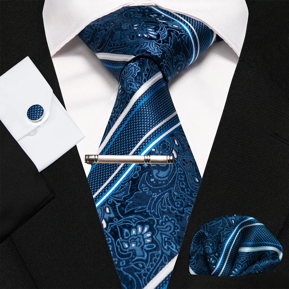 KAMBERFT Marineblau Gestreifte Seidenkrawatte für Herren, Modisches Design, Geschenkset mit Taschentuch und Manschettenknöpfen, Business-Party-Gravata – Detail 13