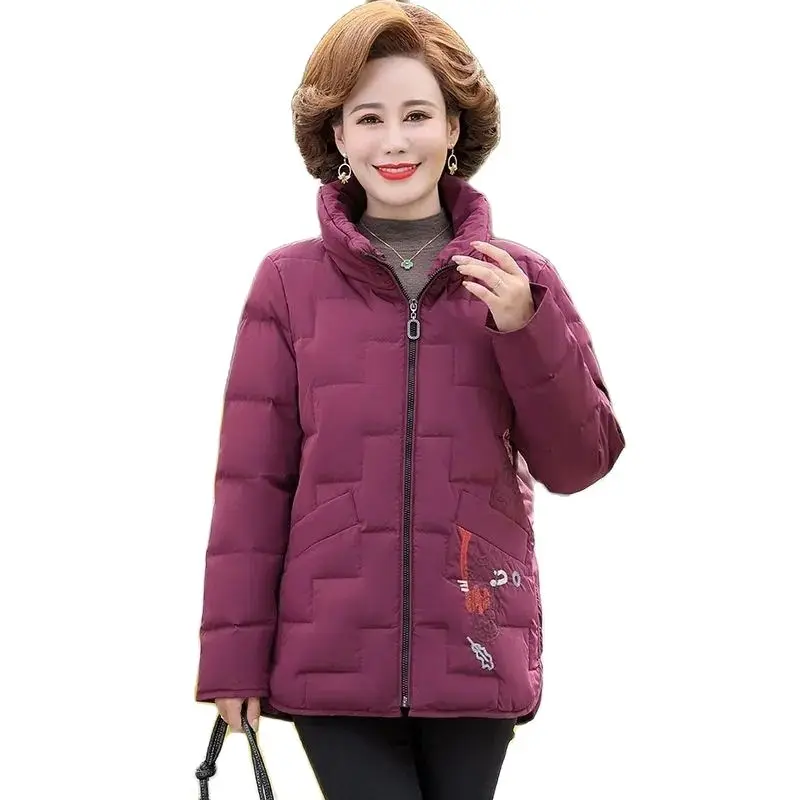 

Middle aged Mother's Down Cotton Jacket 2023 New Winter Stand collar Embroidered Short Coat Thicken Warm Zipper Outwear Female