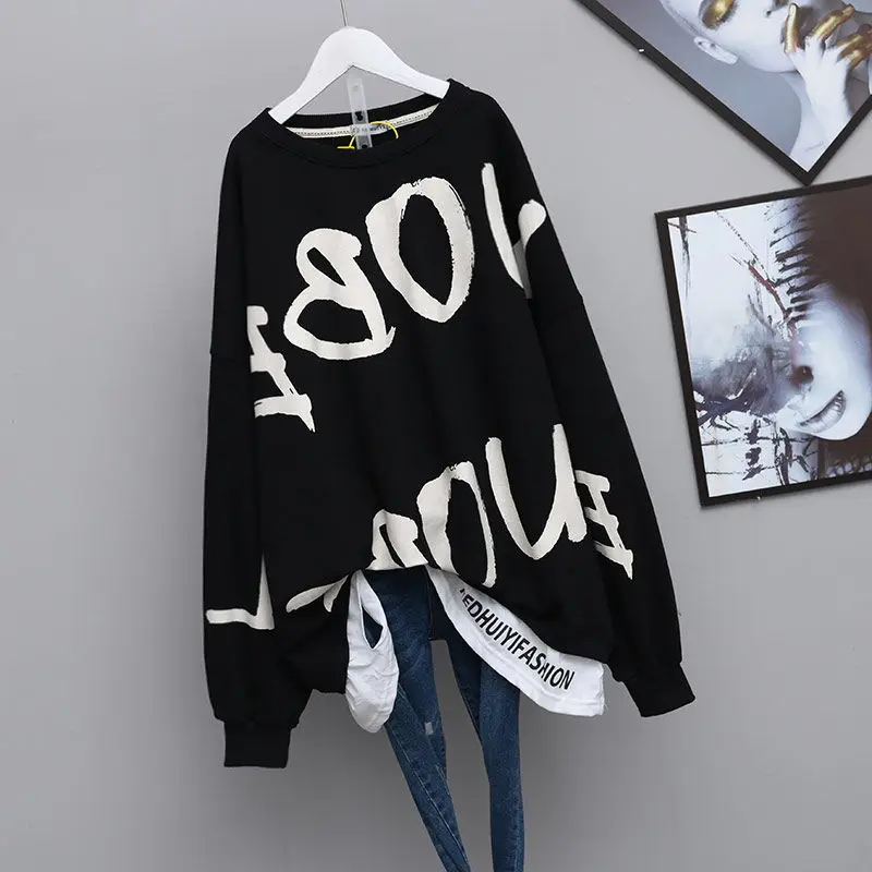 150Kg Large Size 8XL Women\'s Spring Autumn O Neck Printed Fake Two Piece Sweatshirts Bust 150cm Loose Pullover Black Gray