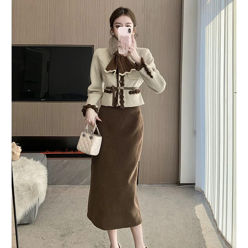 Woman's Autumn and Winter Cotton Scarf Woolen Blazers Skirt Suits Retro Contrast Lace Woolen Coat Hip Overskirt Two-piece Sets