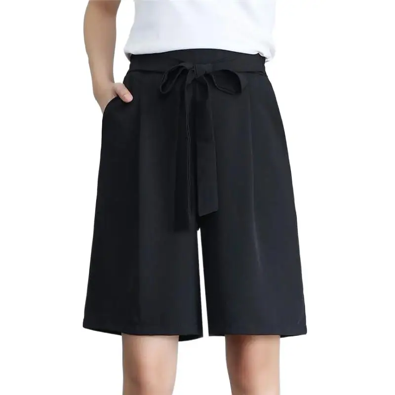 

Sweet 2024 Women wide leg pants with bow Girls high waisted half knee length casual streetwear pants black shorts Plus size