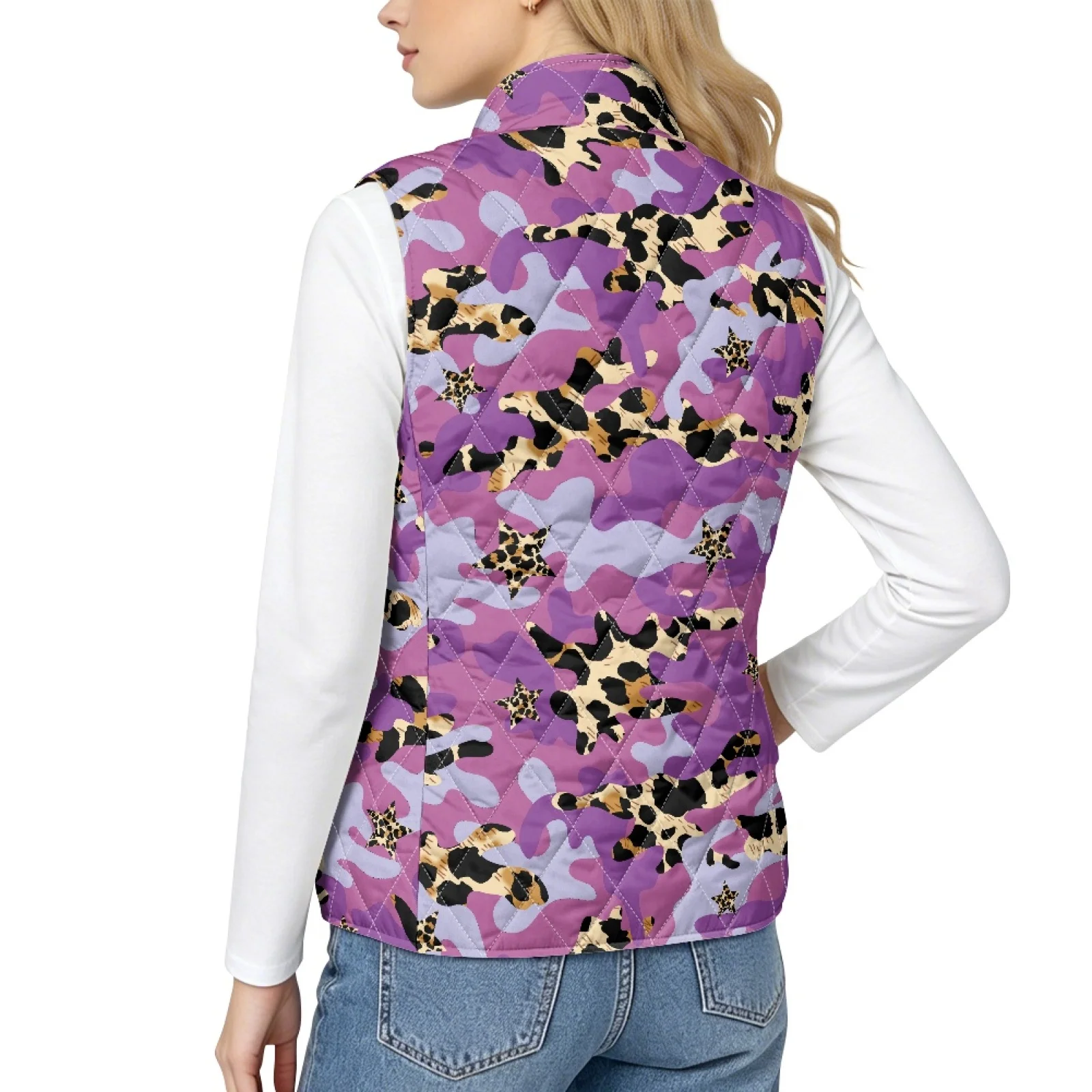 PENSTROLL Purple Leopard Camo Women's Quilted Vest Lightweight Quilted Jacket Vest Outdoor Activity Vest Women for Fall Running