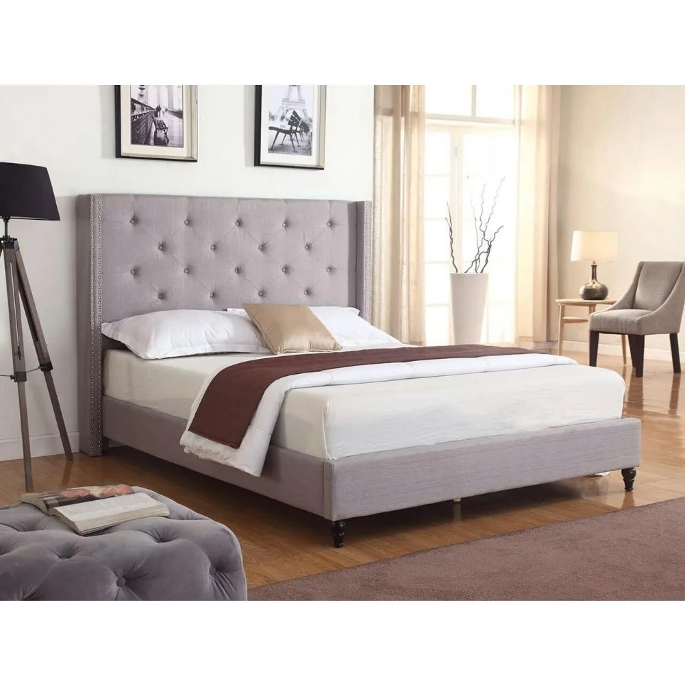 Home Life Premiere Classics Cloth Light Grey Silver Linen Tall Headboard Platform Bed with Slats King- Complete Bed