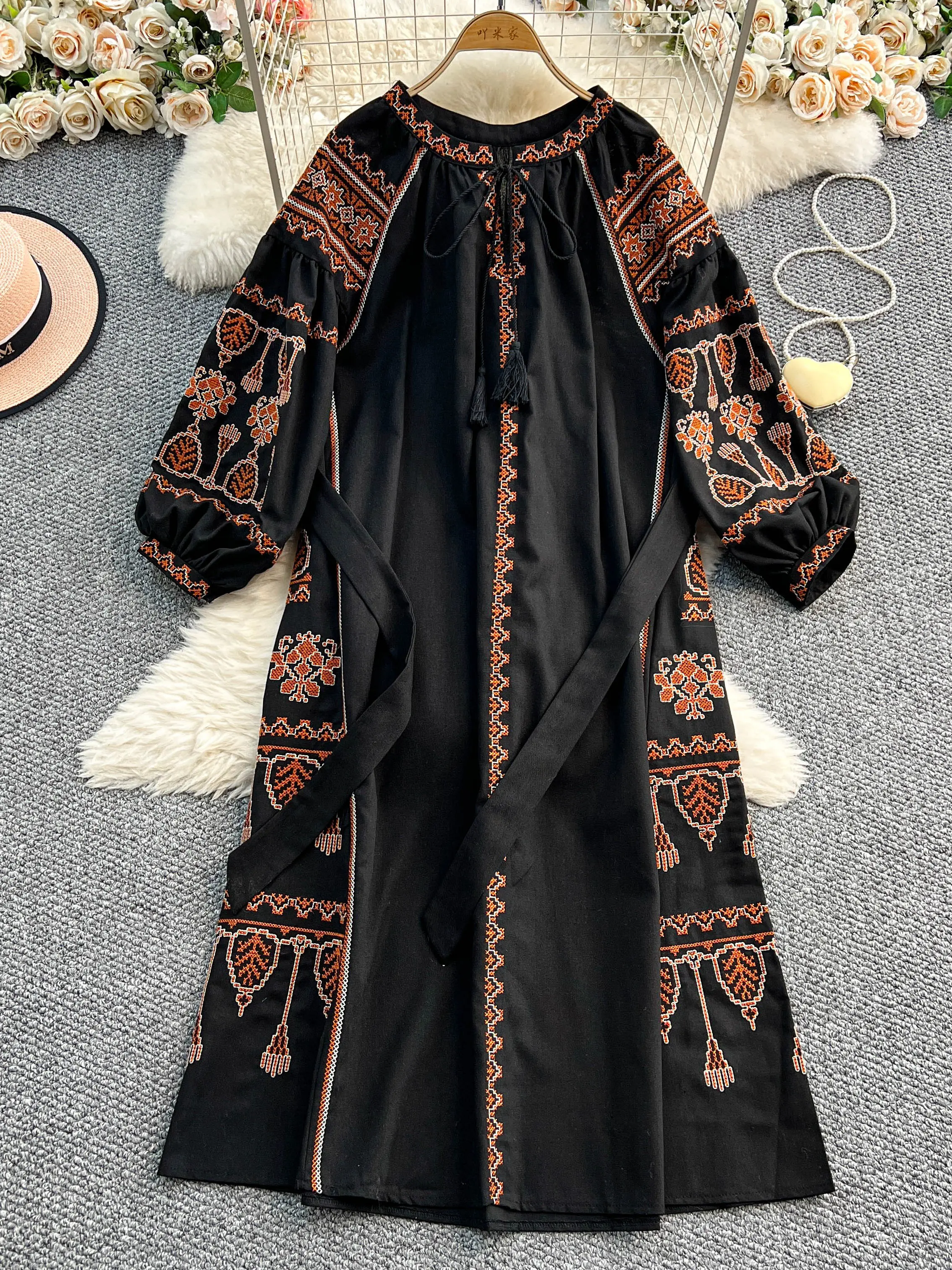 Lantern Sleeves Loose Lace-up Waist Women Long Dress Embroidery Black Bohemian Ethnic Seaside Vacation Beach Boho