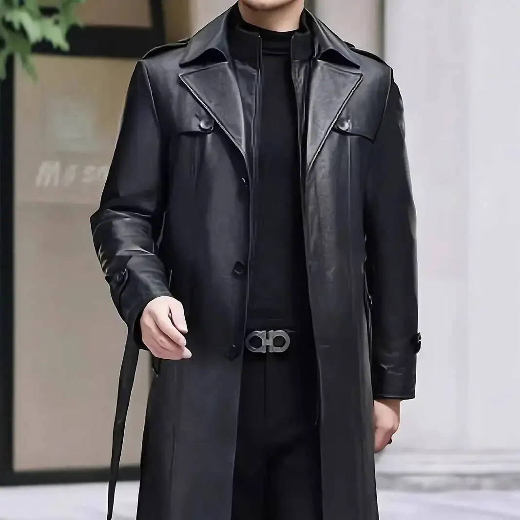 

Men's PU Long Jacket Autumn Winter Casual Trench Coat Mid-Length Turn-Down Collar Leather