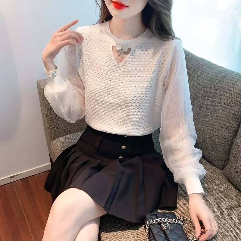 

Fashionable Mesh Splicing Long-sleeved Sweater for Women in Spring and Autumn Beautiful and Chic Top
