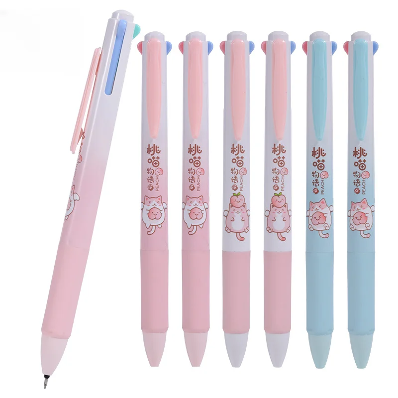 

6 pcs Random Kawaii Peach Cat Cartoon 4 Colored Mechanical Gel Ink Pens Cute Stationery School Office Writing Supplies Gift