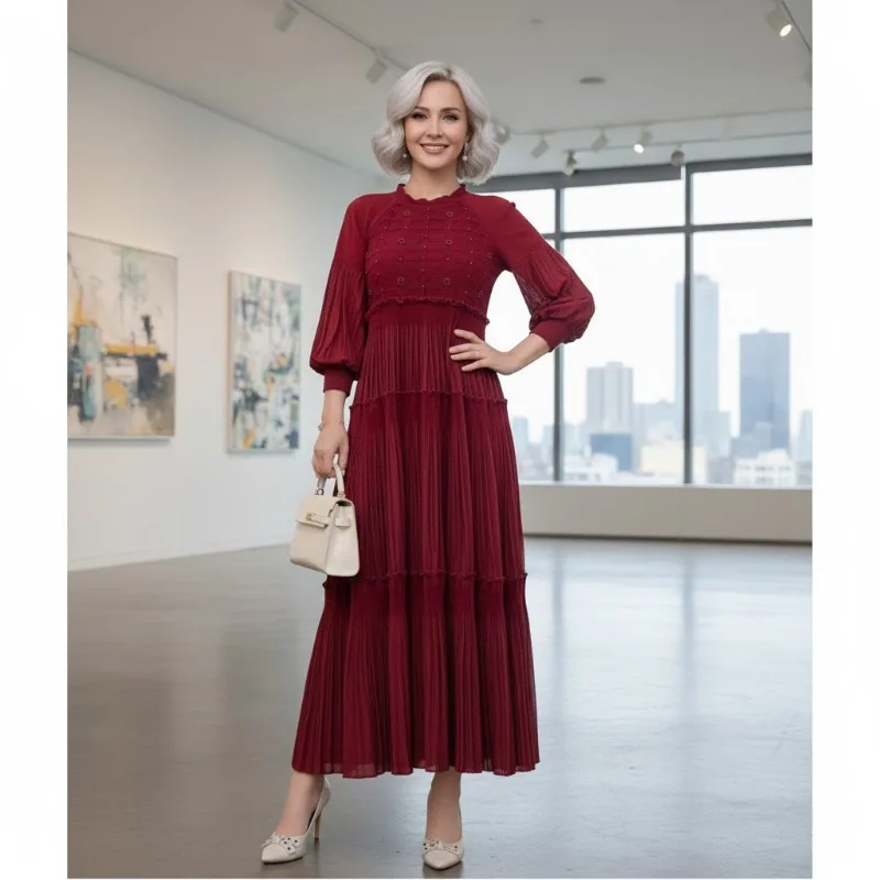 

Miyake плиссированные однотонные платья 2026, весенние новые рукава-фонарики, элегантное повседневное длинное платье, свободная женская одежда больших размеров