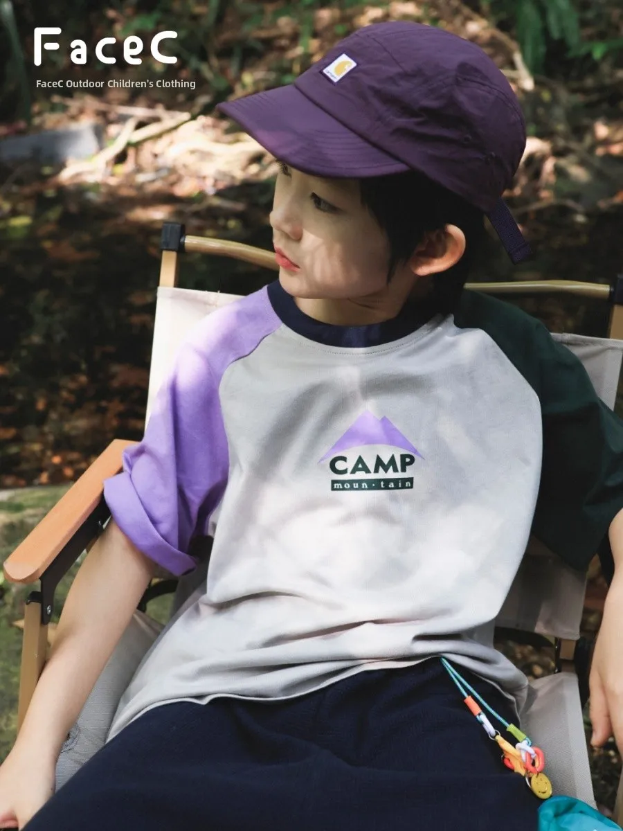 FaceC Color Block Shoulder T-Shirt for Boys Summer New Cotton Loose Fit round Neck Short Sleeve Kids Clothing Outdoor Style