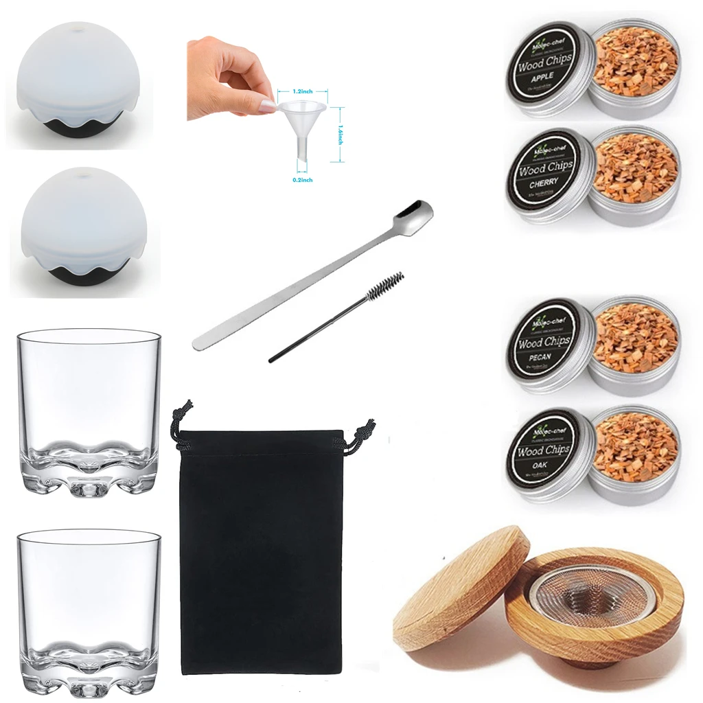 

12PCS Smoked Wood Whiskey Accessories Set Plank Lid Unbreakable Glass Silicone Ice Ball Mold Wood Chips Funnel Spoon Brush Bag