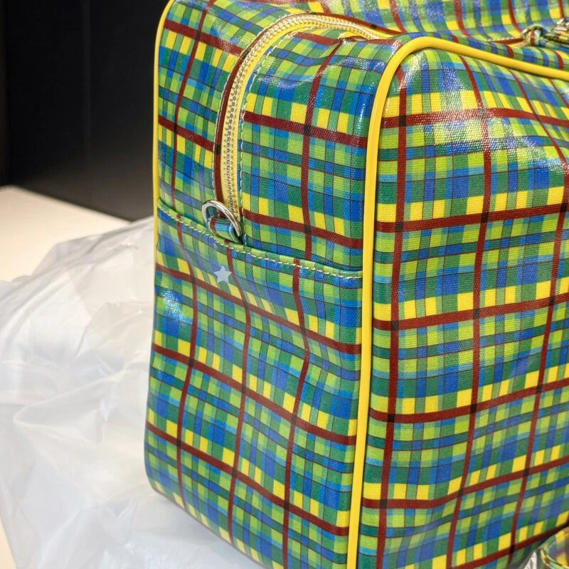 Karierte Schultertasche, Damen-Tragetasche mit großem Fassungsvermögen, minimalistische gelb-grüne Colorblock-Reisetasche mit Tragegriff – Detail 7