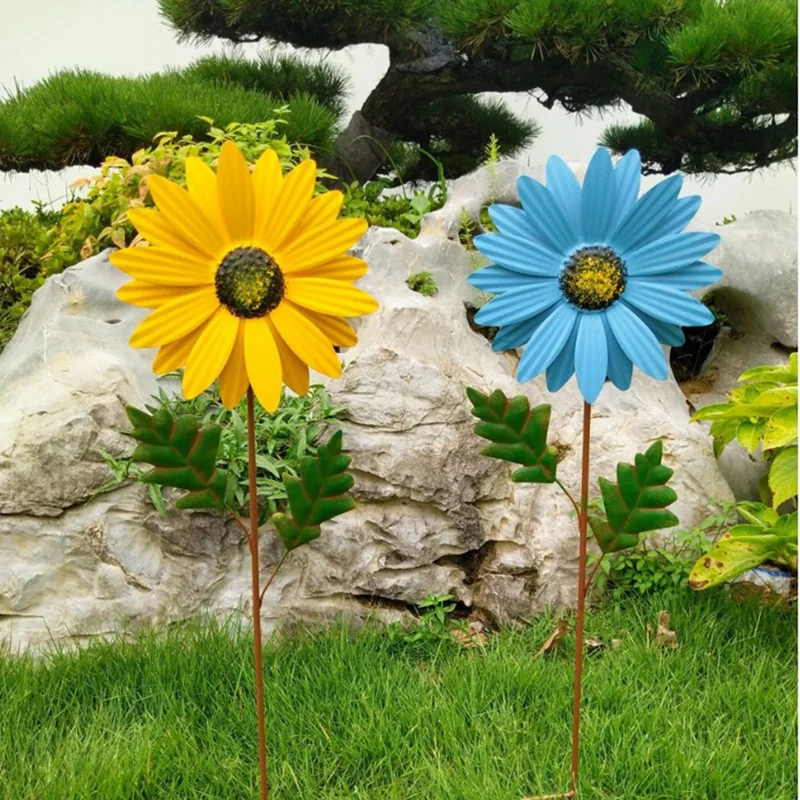 Metal Daisy Garden Stakes Decor, Metal Flower Stick Outdoor Decorations, 3D Daisy Stake Yard Art For Wall