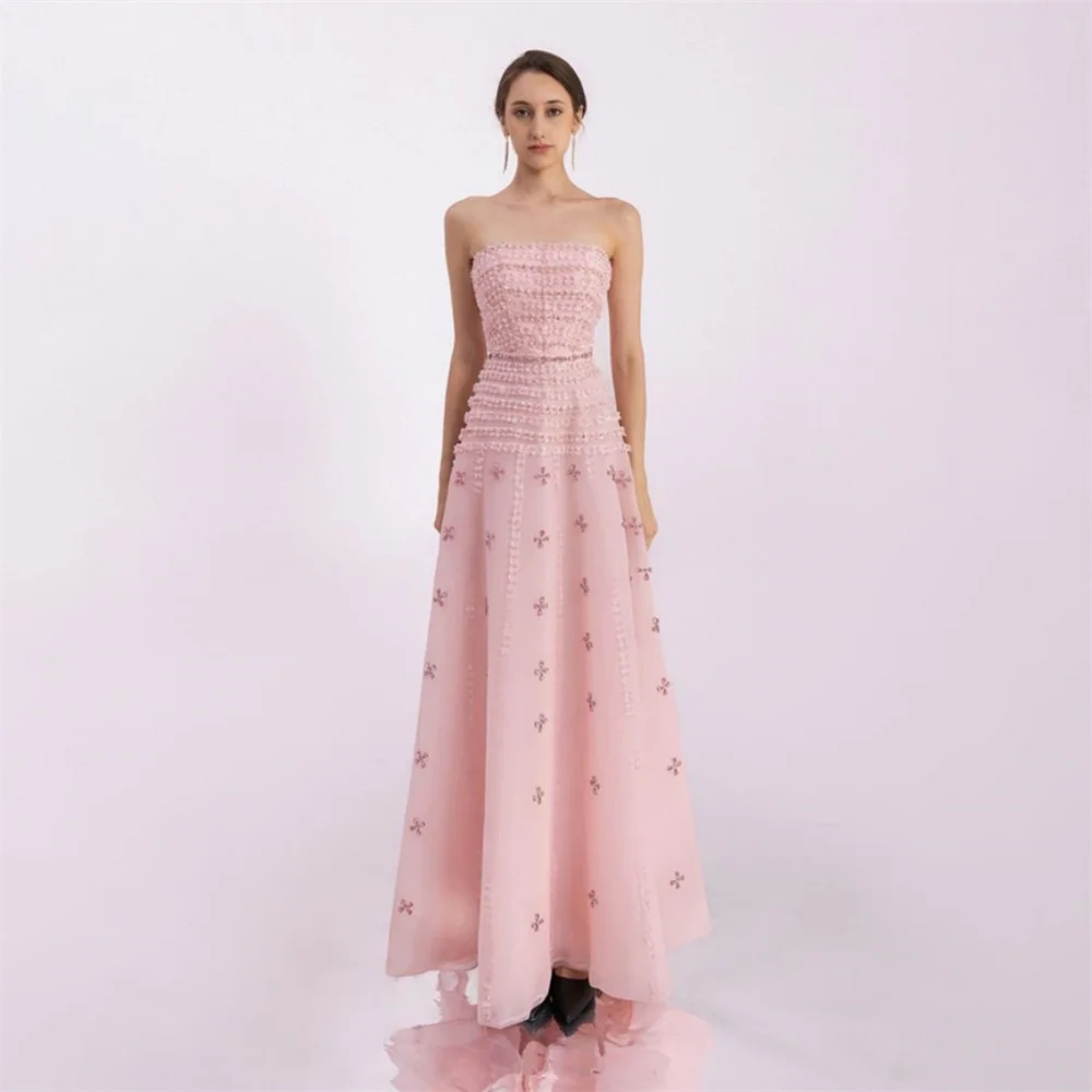 Customized Saudi Arabia Prom Dress Evening Strapless A-line Ankle Length Sequin Skirts Vertically Tulle Draped Flower Embroidery