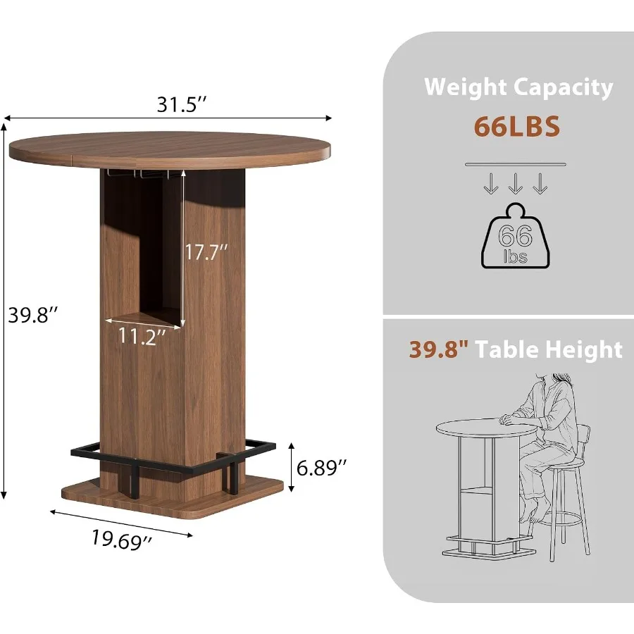 Round Pub Table with 2-Tier Storage and Footrest, 39