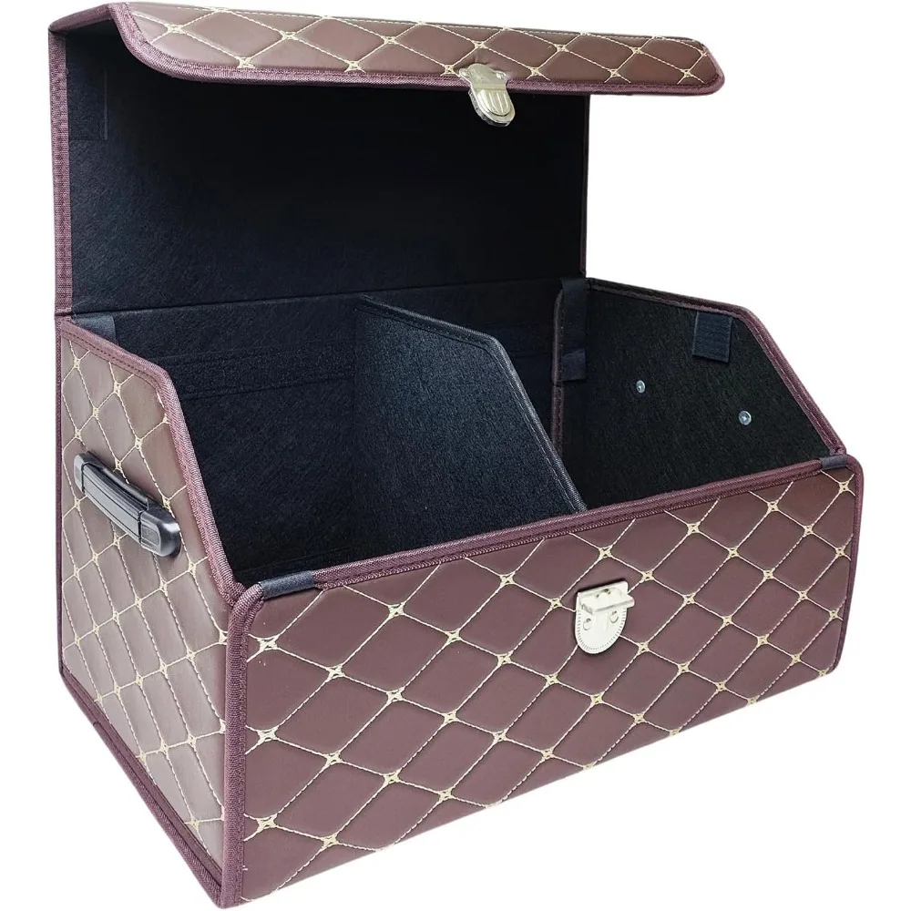 sunnymark&co car trunk organizer, suv trunk organizer, foldaway and adjustable, keep your trunk neat and organized - brown grid