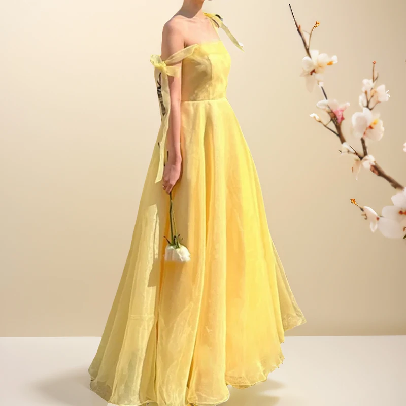 Vestido feminino de cetim amarelo com alça de ombro ajustável, vestidos de casamento longos para noiva, festa do convidado, elegante, luxo