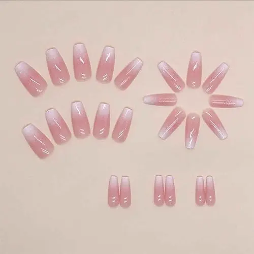 2024 New French Long Tip Pink Gradient Shimmer Glossy Nails for Women Press on Coffin Fake Nails 24 Pcs