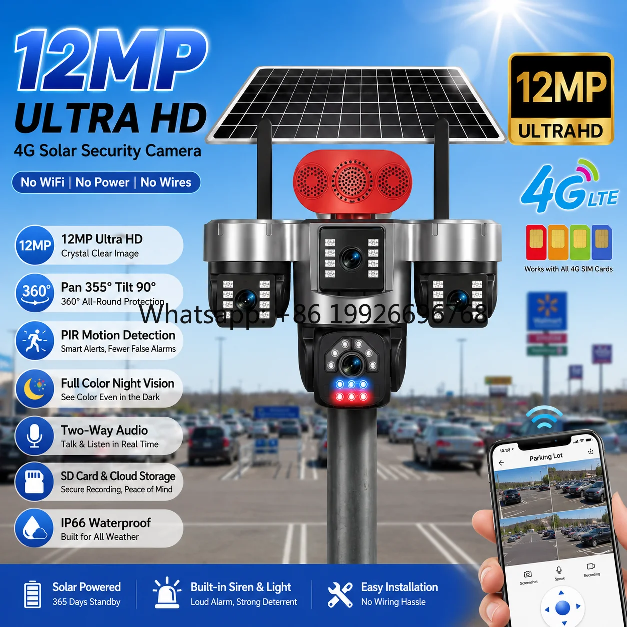 Cámara de Seguridad con Baterías de 12000 mAh, Panel Solar Grande de 8 W, Aplicación Hi Easy, 12 MP, AOV, 3 Lentes, Solar, Tarjeta SIM 4G, PTZ