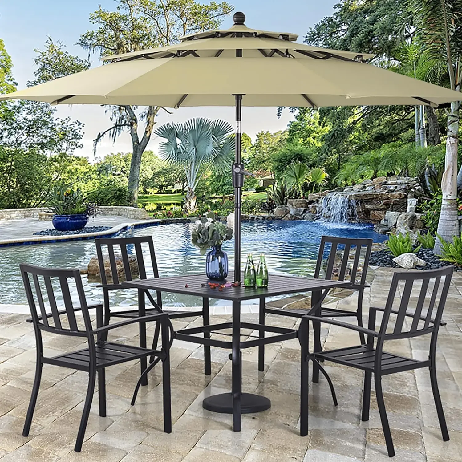 5 Piece Outdoor Dining Table Set for 4, 37” Square Metal Dining Table with Umbrella Hole