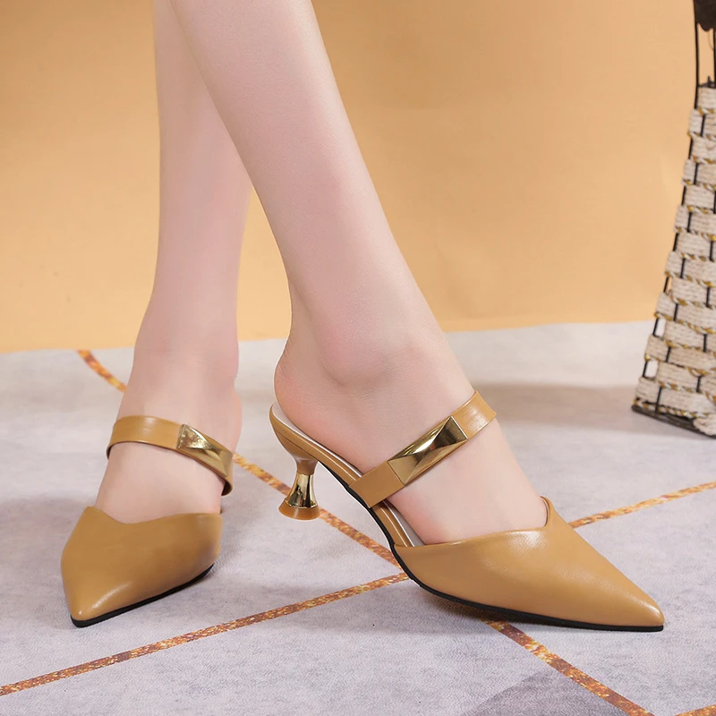 Size 35-42 New Women Heels Golden Rivet Pointed Toe Summer Elegant Women\'s Sandals Fashion Beige Ladies Casual Mid Heels Sandals