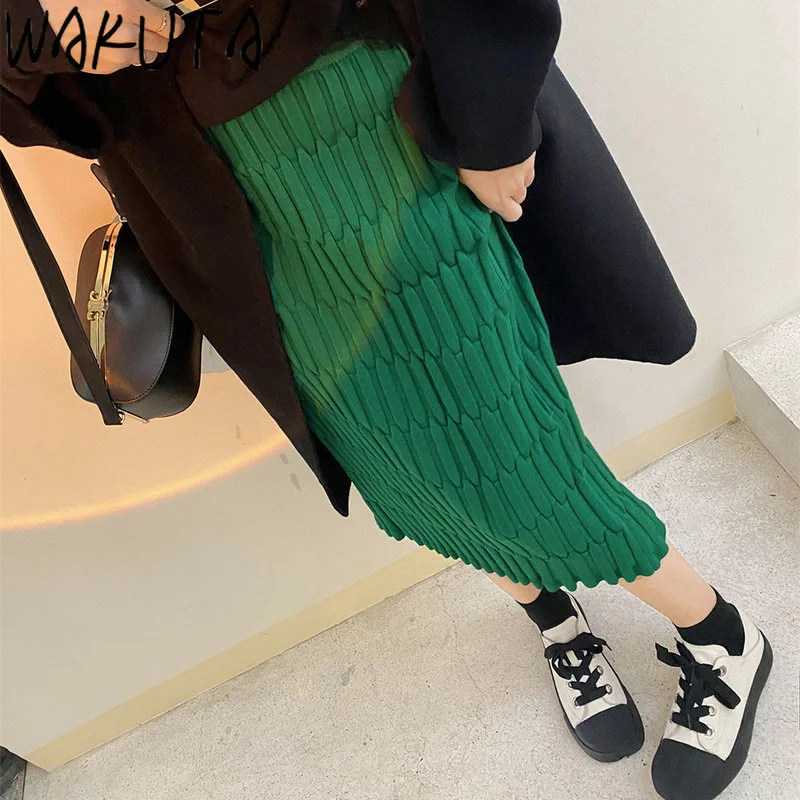 

WAKUTA Thicken Maxi Sweater Skirt Ladies Office Elegant Solid Color High Waist Faldas Chic Autumn Winter 2024 Slim Hip Skirts