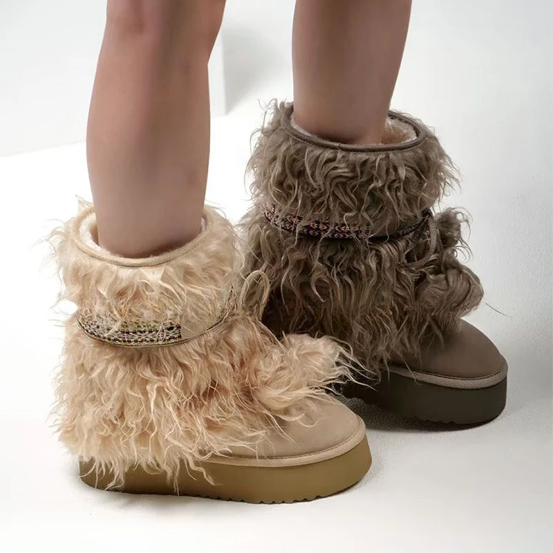 

Fur Snow Women's Boots Flats Platform Suede Designer Shoes for Woman Short Plush 2025 Warm Winter Boots Cozy New Ladies Boots