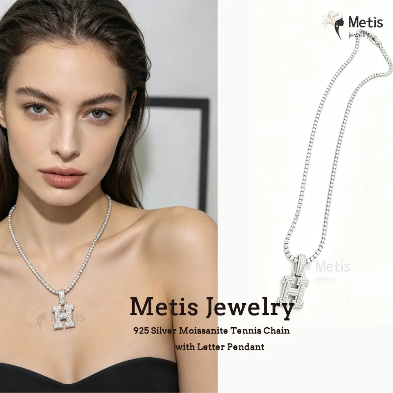 

100% S925 Moissanite Tennis Necklace with Letter Pendant D Color VVS1 Sparkling Charm Unisex Jewelry Daily Wear Party Gift