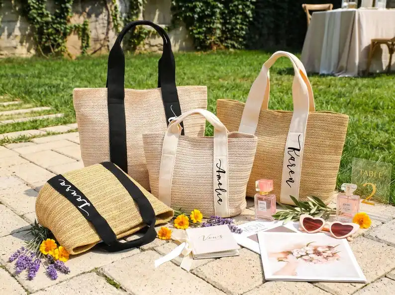 Personalized Straw Beach Bags Custom Beach Bag Bachelorette Gift Bags Burlap Tote Bridesmaid Design Name Text Wedding Gift Bag