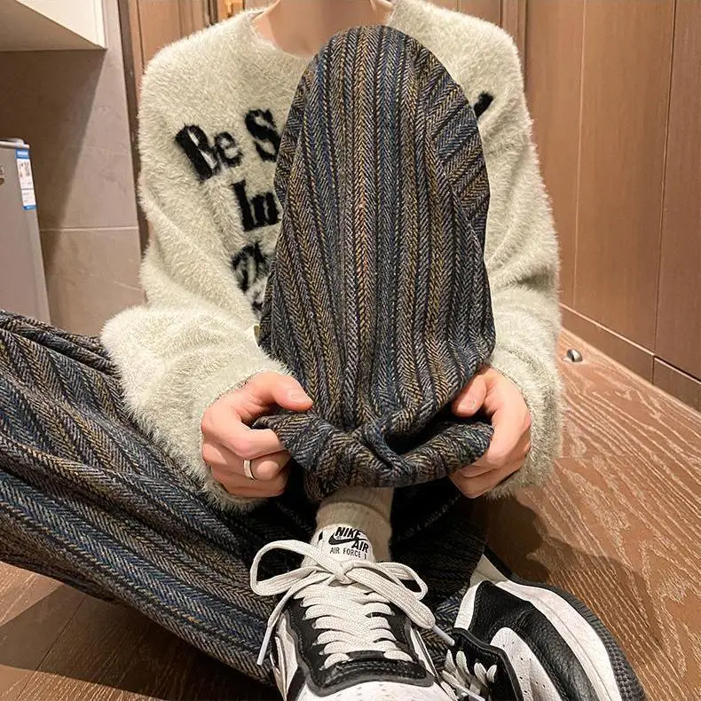 

Heavy plush Maillard color striped pants men's spring and autumn herringbone woolen pants American casual pants
