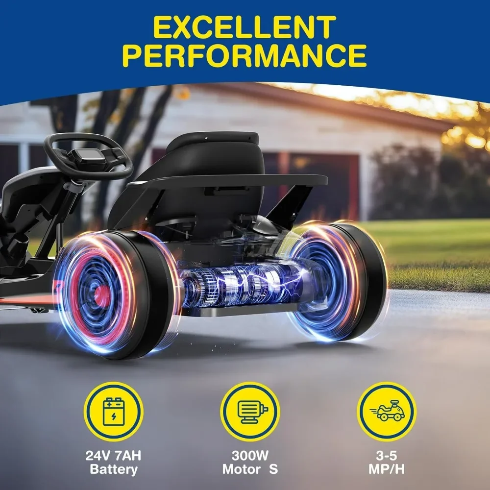 Planet X8 24V Electric Go Kart, 300W Drift Kart, with 2 Speeds, Wireless, Music, Soft Start, 7AH Large Battery