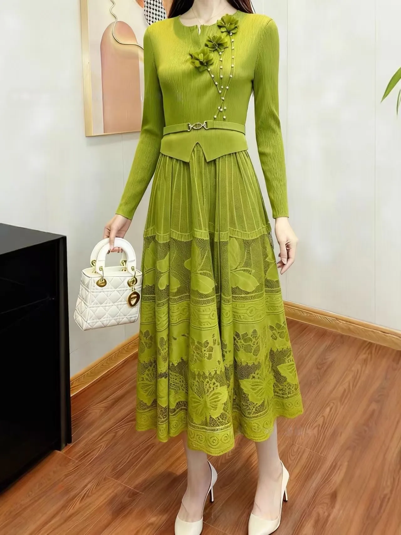 مياكي فستان مطوي مزاجه الاجتماعي سليم الدانتيل مطوي تنورة الملابس النسائية الأفريقية فستان جديد #4