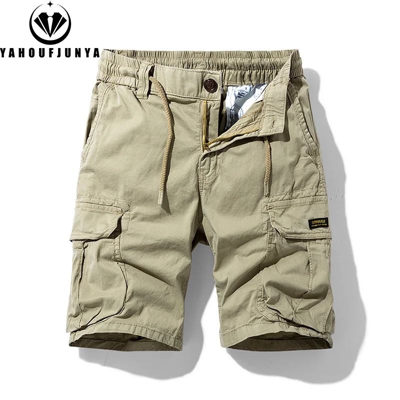 Men Summer Solid Color Outdoor Leisure Cargo Comfortable Shorts Men Elastic Waist Loose Straight High-Quality Design Shorts Male