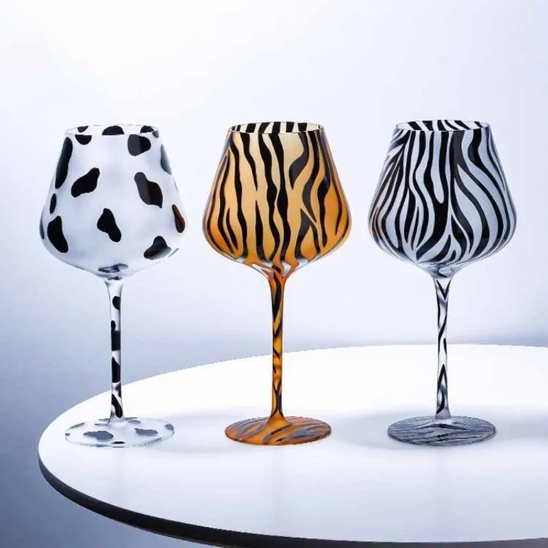 620ml Creative Painted Leopard Print Glass Cup Light Luxury Red Wine Cup Cartoon Milk Big Belly Cup Bar Party Supplies