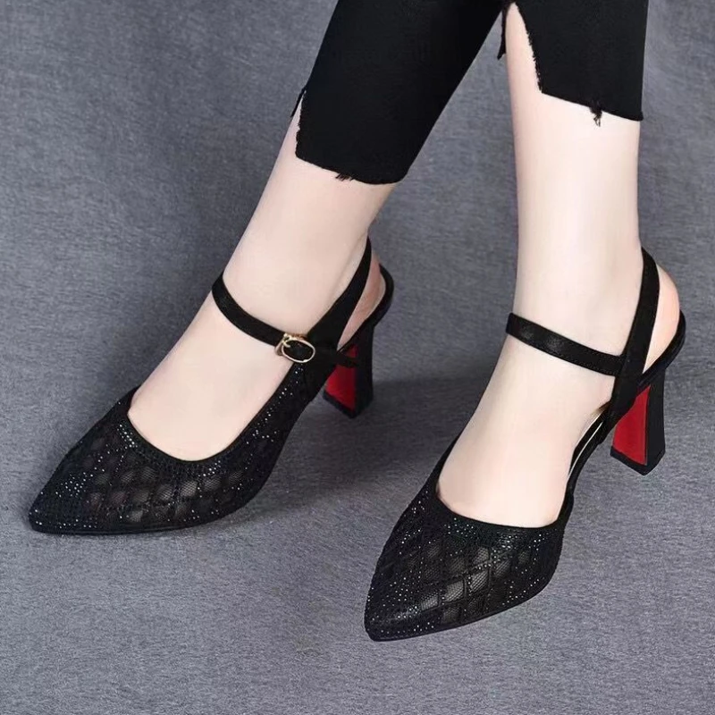 Shoes for Women 2023 New Spring and Autumn Women\'s Pumps Net Cloth Net Grid Breathable One Word Buckle Pointed Toe Shoes Women