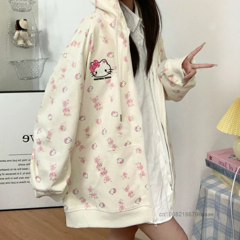 Sanrio Hello Kitty Cute Floral Cardigan Hooded Sweatshirt Korean Style New Loose Casual Coat Sweet Y2k Girl Autumn Ziper Hoodies