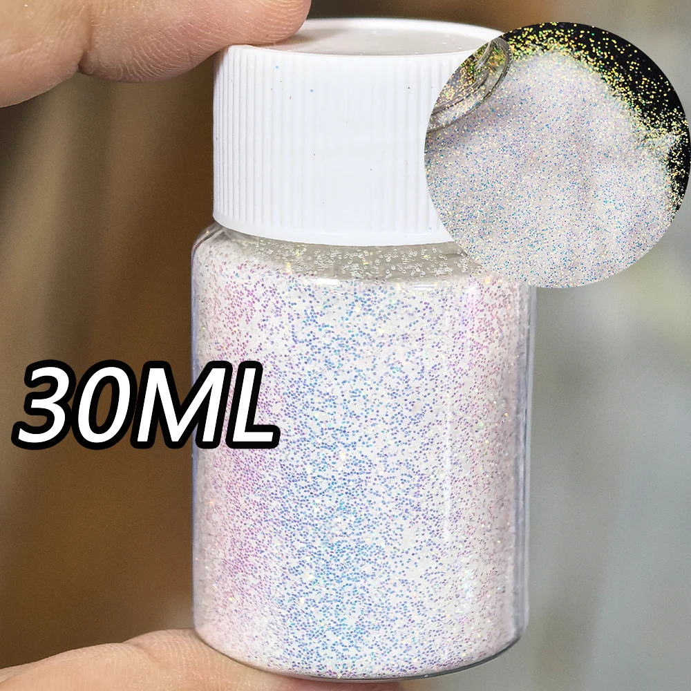 1oz/botella de 0,2mm de polvo de brillo fino blanco, polvo polarizado de 18 colores, pigmento de sombra de ojos para decoración de uñas, brillo para limo