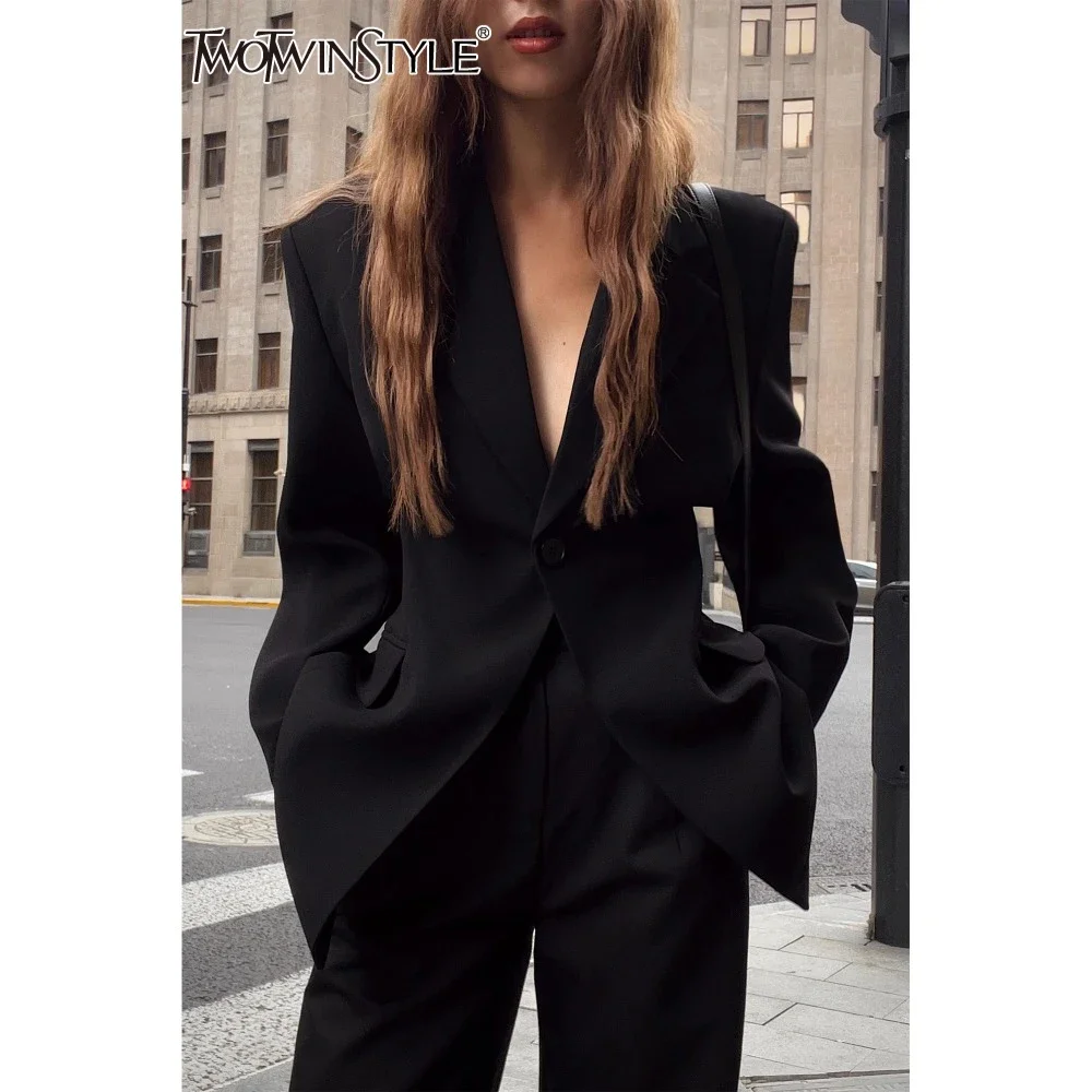 

TWOTWINSTYLE Solid Fashion Spliced Button Blazers for Women Lapel Long Sleeve Patchwork Pockets Coat Female Clothing Temperament