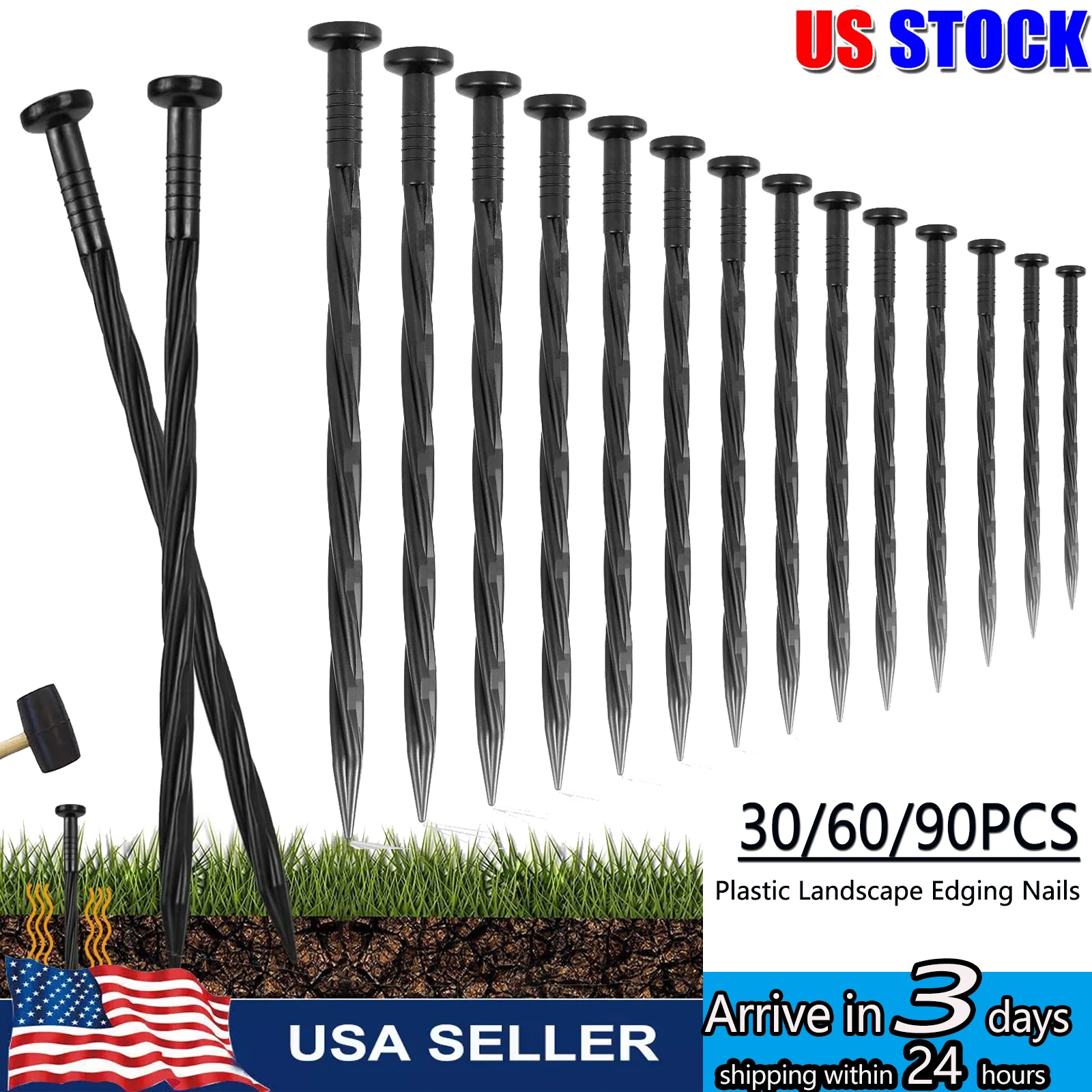 90/30pcs 8 Inch Plastic Landscape Edging Spikes Anchoring Nail Spiral Landscape Stake For Weed Barrier Paver Landscape Edging