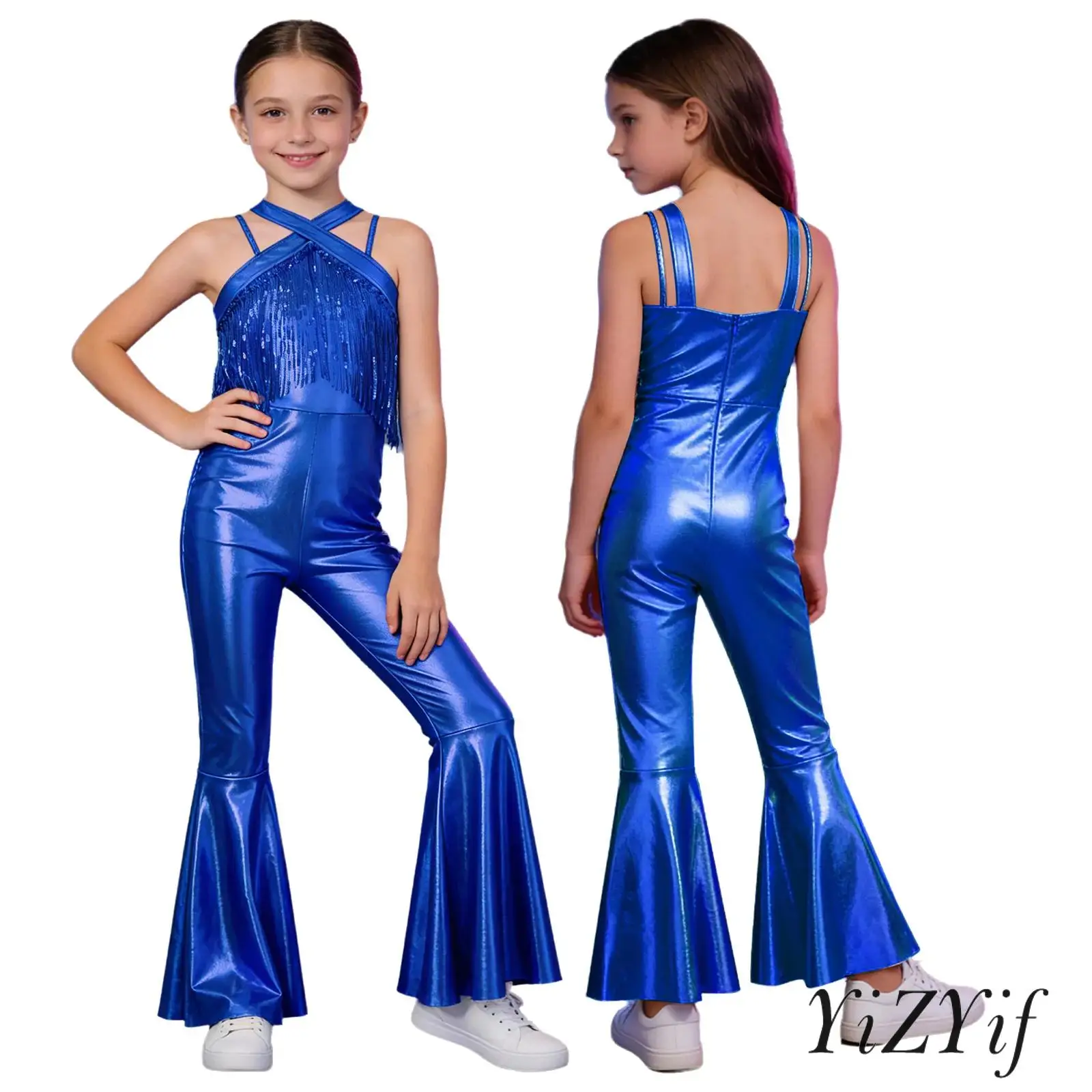 

Kids Dance Party Bodysuit Metallic Sequins Tassels Sleeveless Back Zipper Long Flare Pants for Disco Stage Dancing Performance