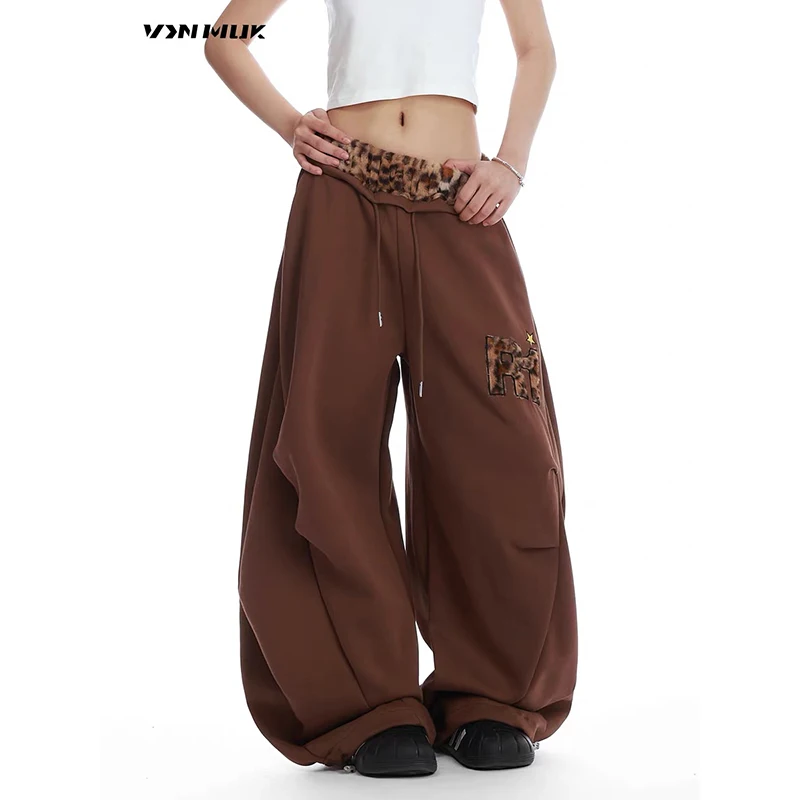ZHIZOU Women Brown Sweatpants Baggy Leopard Patchwork Pants Harajuku Aesthetic 2000s Style Y2k Vintage Oversize Trousers Autumn