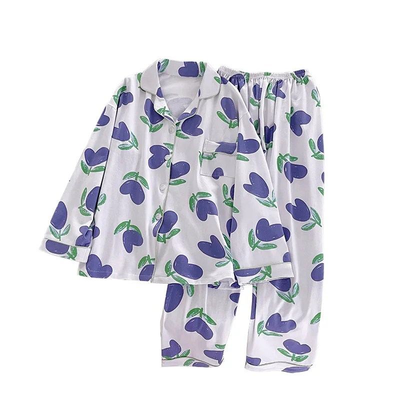 Blue Tulip Printing Spring and Autumn New Pajamas for Women, Long Sleeved, Sweet Stylish Spring Autumn Cardigan Youth Girl\'s Pjs