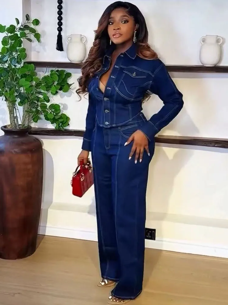 BKQU Fashion Denim 2 Pieces Set for Woman Outfit Stripe Line Patchwork Long Sleeve Crop Jacket and Pants Outfits High Streetwear