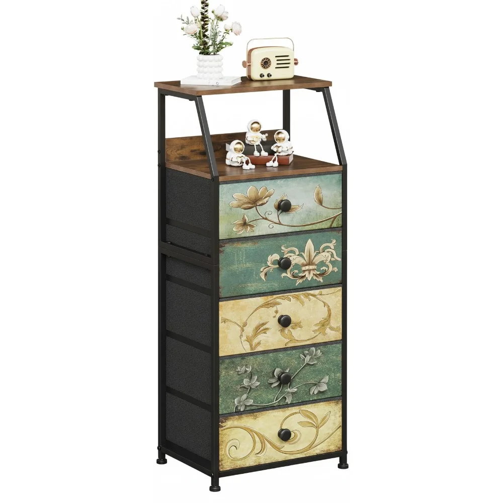 

Modern Nightstand with 5 Fabric Drawers & 2-Tier Shelf, Storage Tower for Bedroom Living Room Entryway Closet Organizer
