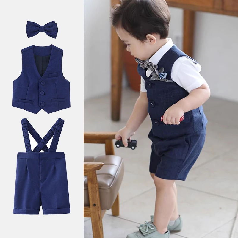 

3PCS Baby Set Children's Summer Boy Gentleman Style Blue Vest Shorts With Straps And Bow Ties Formal Boutique Clothing Sets