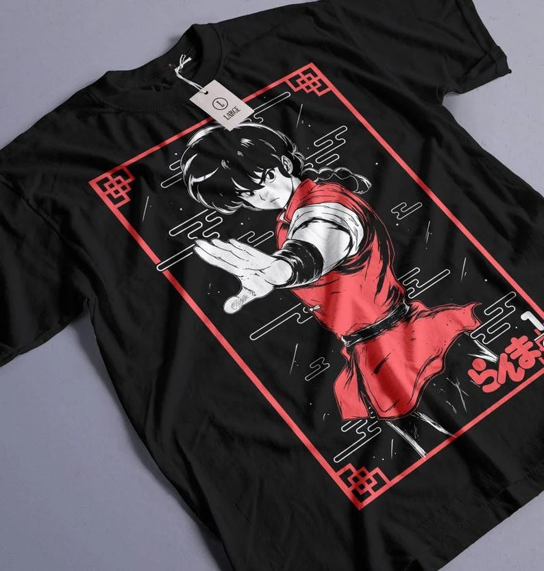 Ranma 1/2 Anime T-shirt Ranma Saotome Genma Panda Manga Graphic Print Unisex Heavy Cotton Short Sleeve Oversized Crew Neck Top