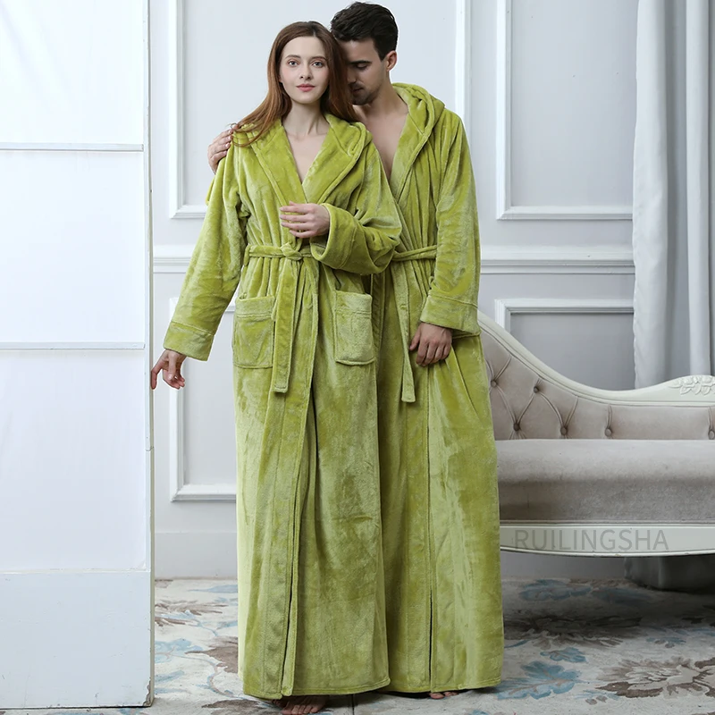 Lovers Hooded Extra Long Thermal Bathrobe Women Men Plus Size Winter Warm Bath Robe Coral Fleece Dressing Gown Bride Sleepwear