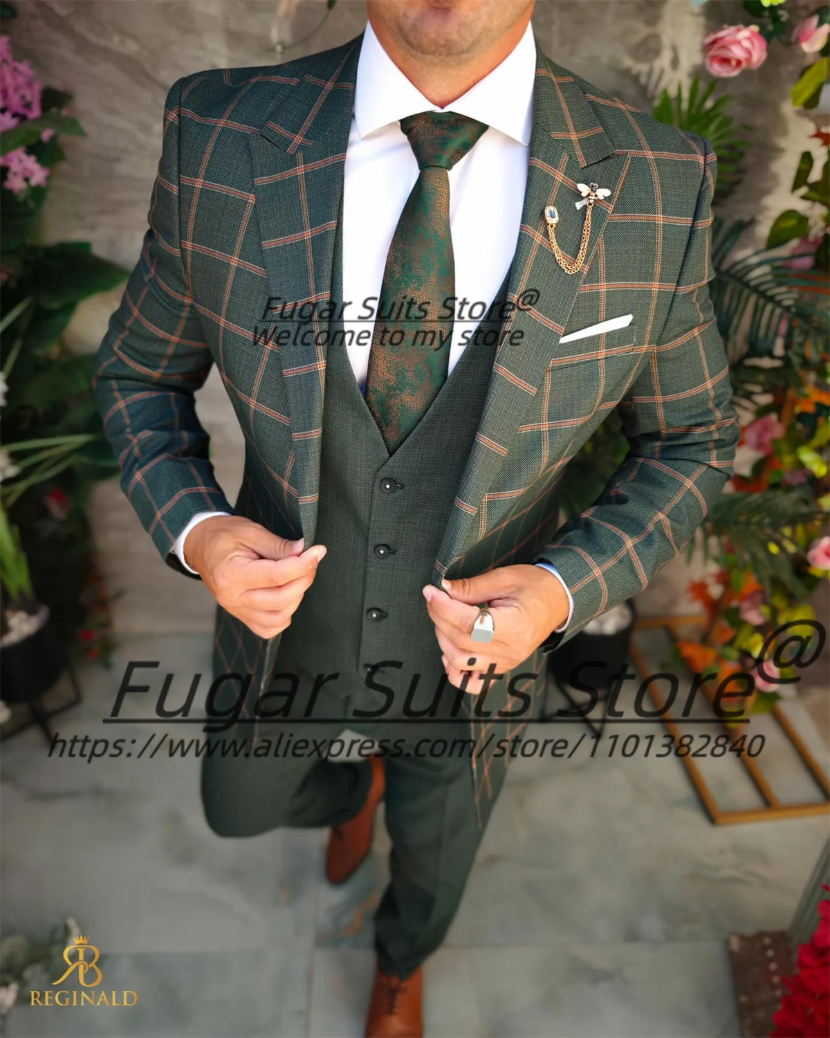 

High-end Army Green Plaid Men Suits Peak Lapel Groom Wedding Tuxedos 3 Pieces Sets Male Prom Blazers Ropa Hombre Customized Size